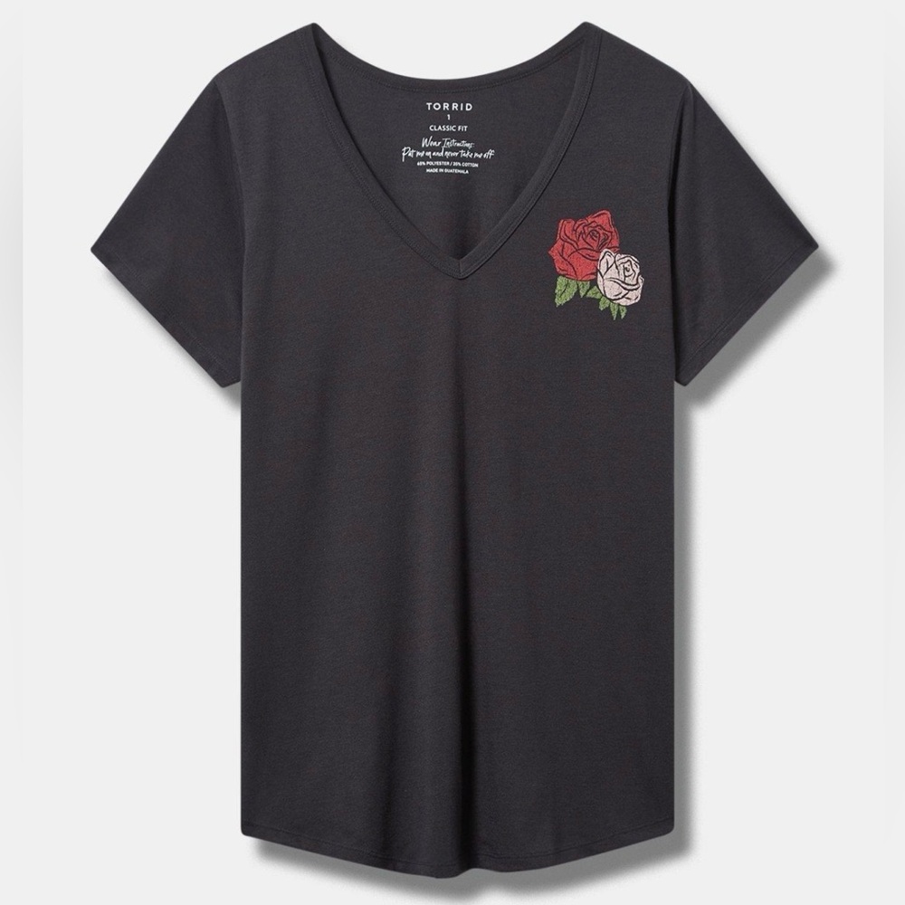 Torrid Black Short Sleeve Tee with Rose Design